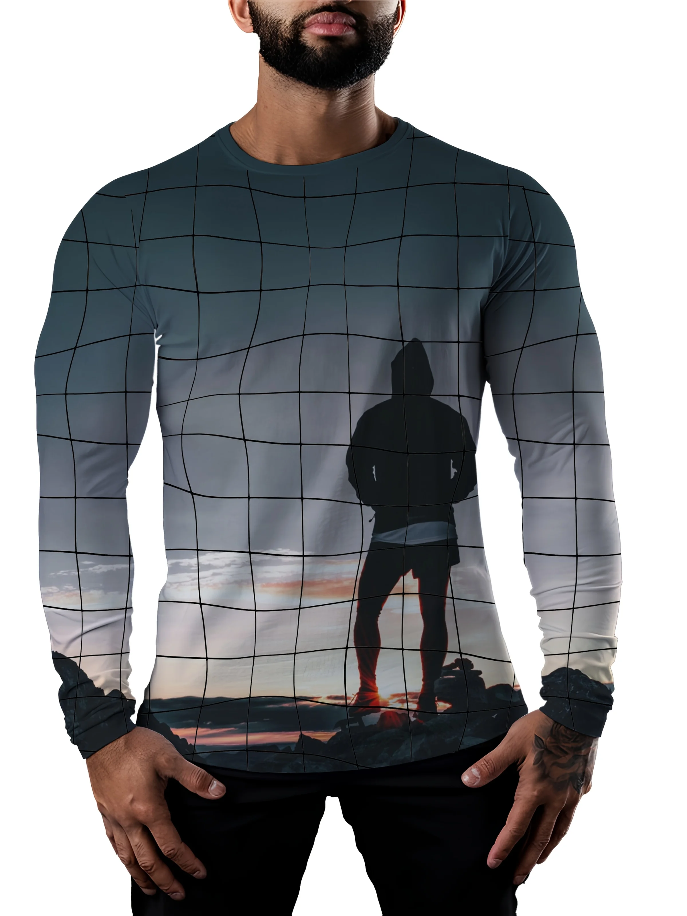 

Men's 3D Halloween Horror Cat Print Long Sleeve T-Shirt, Boho Style Crew Neck Polyester Top,