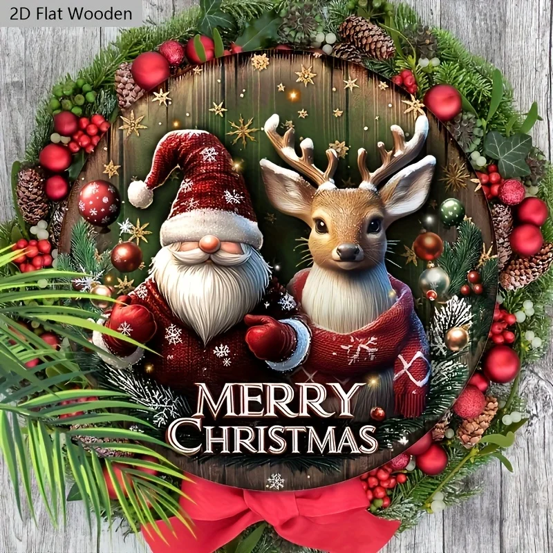 2D Flat, 1pc, 7.87 Inches Christmas Dwarf Elk Deer Wooden Plaque - Merry Christmas Wreath Sign for Entrance, Porch, Wall Decor -