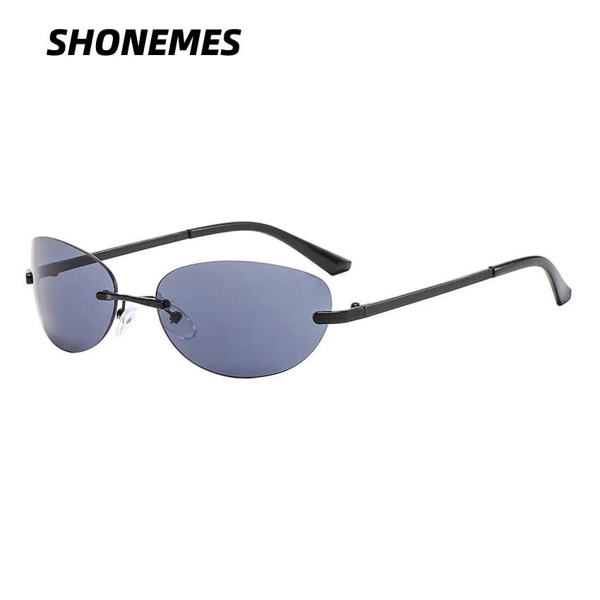 SHONEMES Y2K Women Sunglasses Vintage Rimless Oval Shades Outdoor UV400 Sun Glasses Brown Black Silver for Female