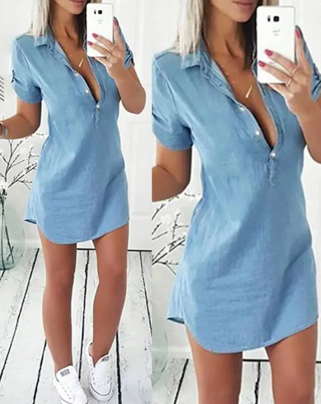 

Fashionable Style Lapel Short Sleeved Button Up Front Denim Short Skirt, Casual Waist Closing Slim Fitting Women's Summer Dress