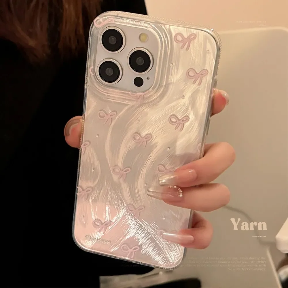 Ins Pink bow tie Phone Case For iPhone16Pro Max15 14 13 12 11 XR XS Max78Y2K Light luxury Feather gauzeSoft anti fall Phone Case