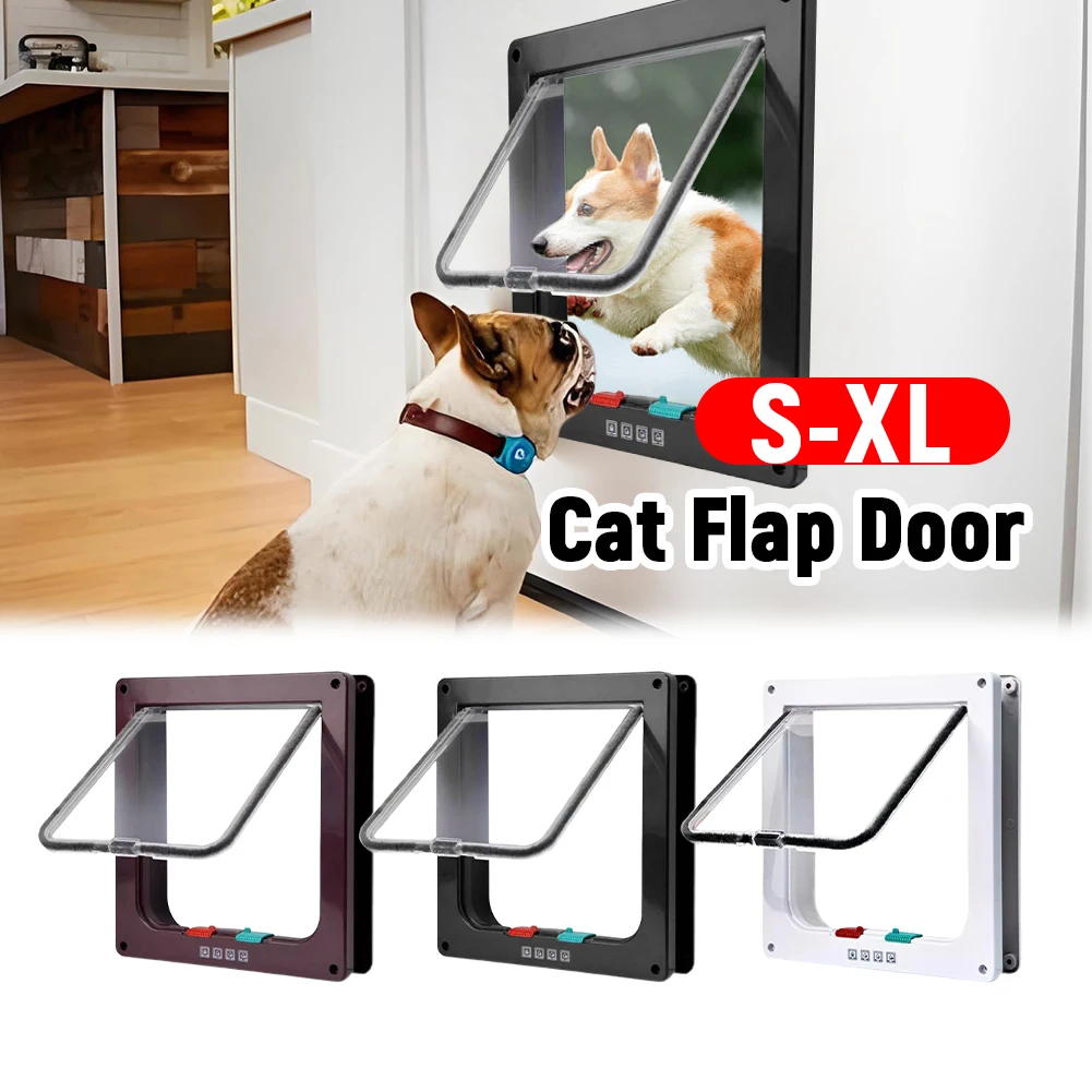 Puerta con solapa para gatos con cerradura de seguridad de 4 vías, puerta de entrada y salida de seguridad para cachorros y gatitos, puerta pequeña de plástico ABS para mascotas y puerta corredera