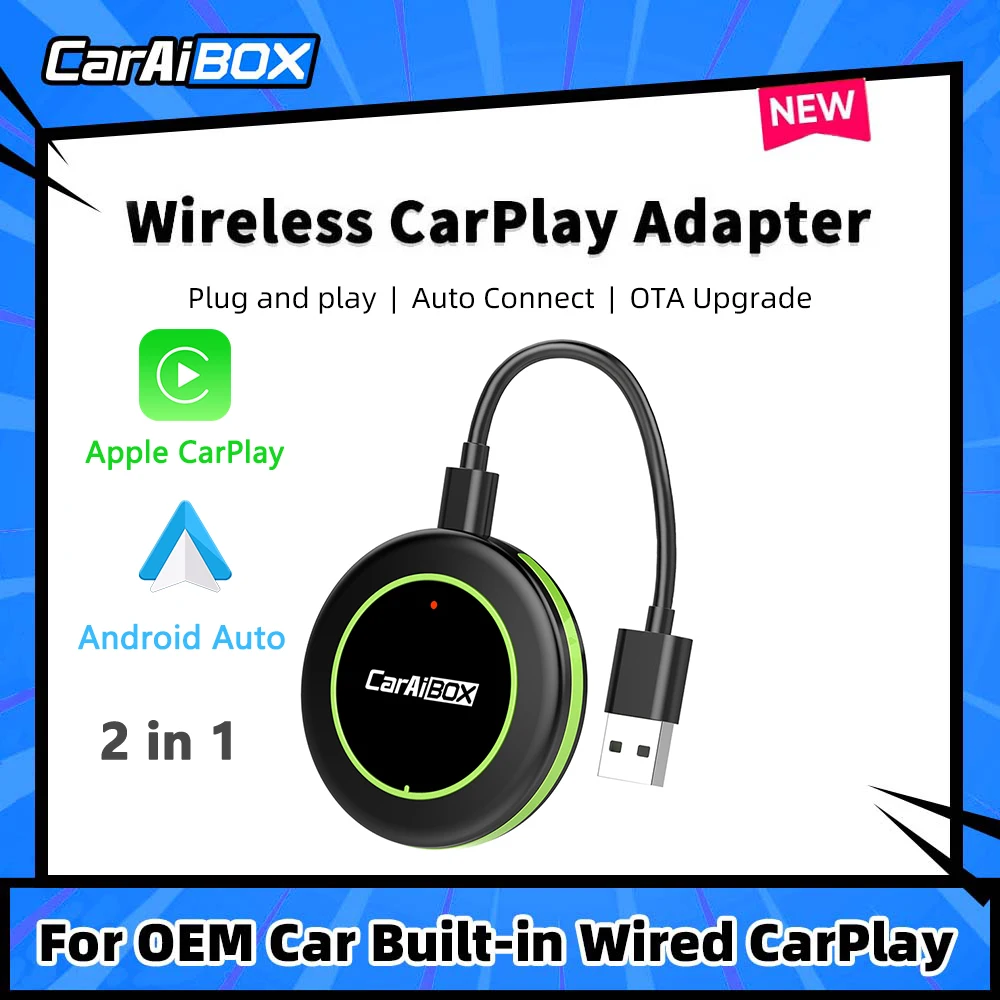 CarAIBOX inalámbrico Android Auto Dongle Box 2 en 1 adaptador CarPlay inalámbrico para Radio de coche con CarPlay con cable