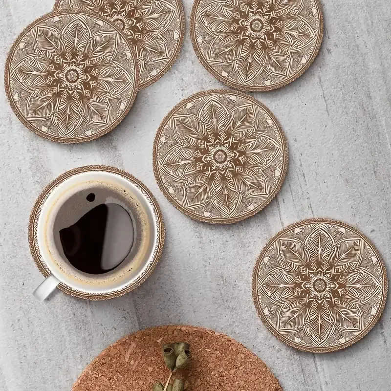 1PC Symmetrical Floral Pattern 2D Wooden Cup Coaster 3mm Thick Round Shape Thermal Cup Mat Protects Surfaces Retains Warmth