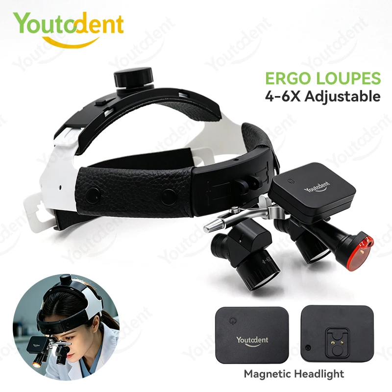 Dental Ergonomic Magnifier 48° Angled Magnifier Magnetic 5W LED 4-6X Dental Head Mounted Loupes with Dual Batteries
