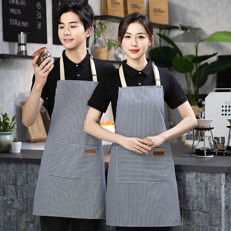 

High-end Apron Household Breathable Apron Restaurant Bakery Kitchen Fashion Apron Catering Work Double Pocket Striped Apron