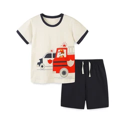 Two Piece Summer Boy Shorts Set Knitted Cotton Cartoon Fire Truck Print Casual Round Neck Sleeve, Two-Piece Set 2-7Y