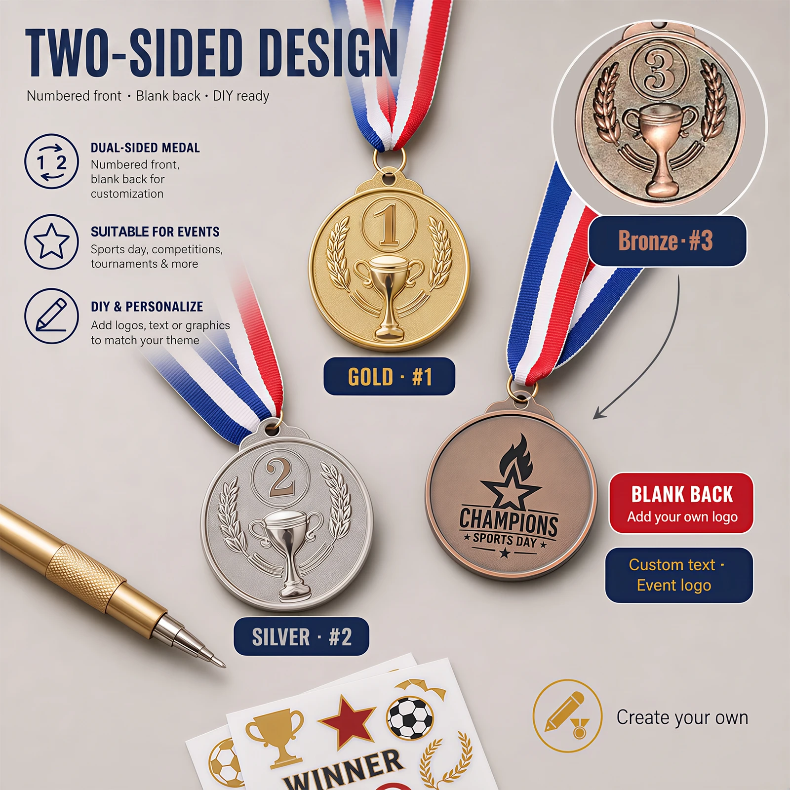24 Stück Zinklegierungs-Auszeichnungsmedaillen in Gold, Silber und Bronze, 1., 2. und 3. Platz-Preise, Siegermedaillen für Sportveranstaltungen und Schulpreise – Detail 7