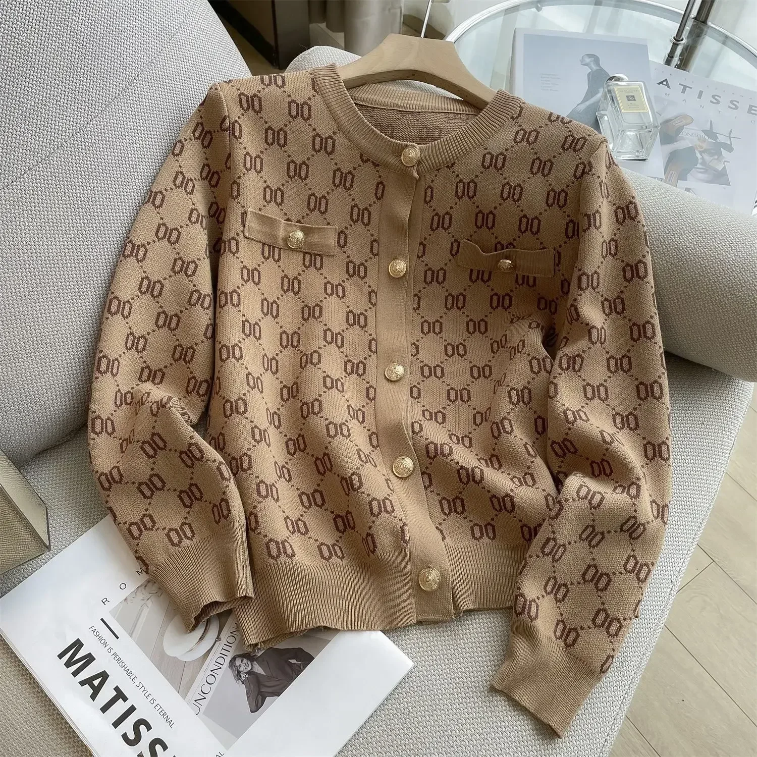 

Women Clothing Vintage Plaid Sweater Letter Print Autumn Winter Soft Cropped Knitted Cardigan Coat Tops Long Sleeve Metal Button