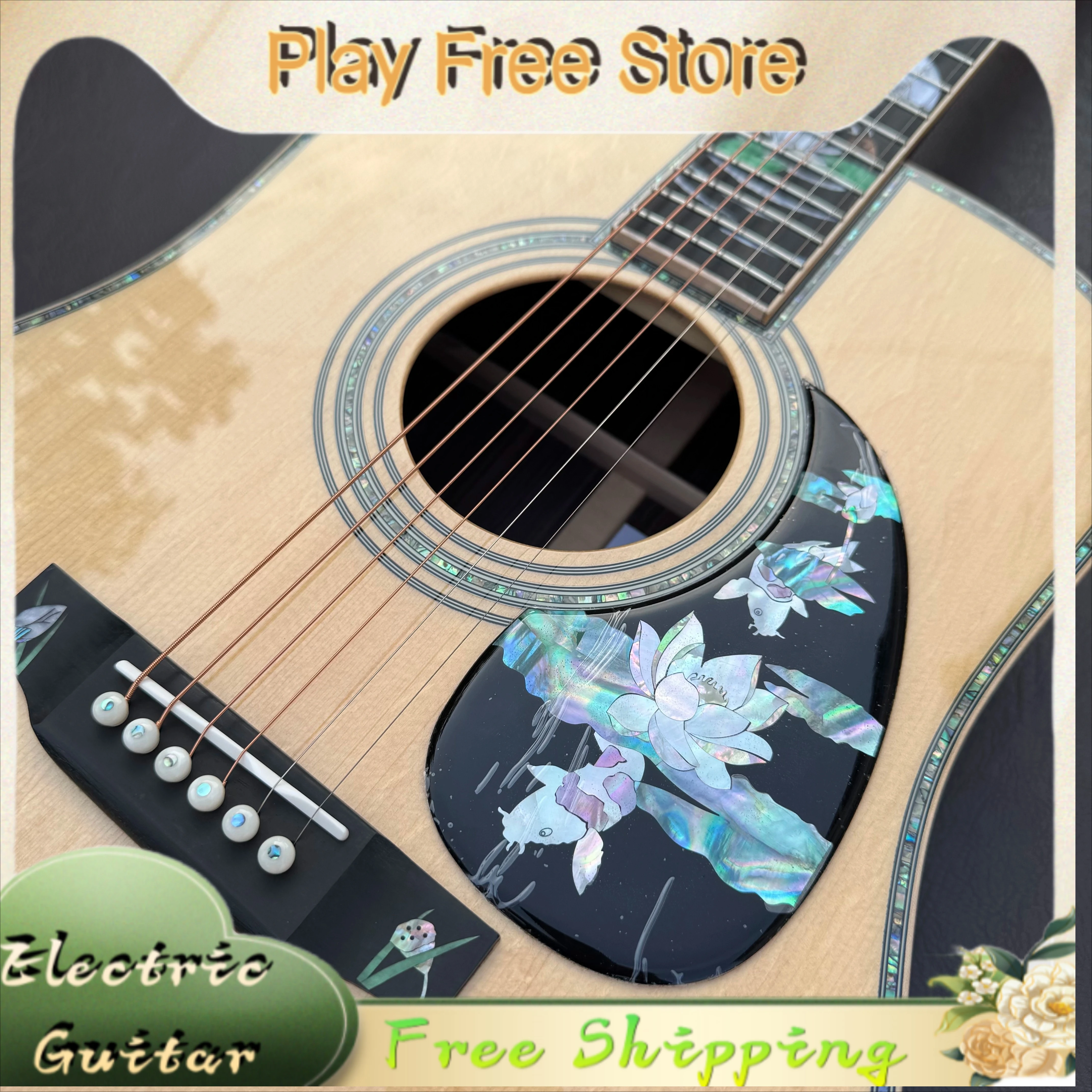 Acoustic Guitar All Solid Wood High End Solid Spruce Shell Inlay Solid Spruce Top Rosewood Back Crane Lotus Art Fingerstyle