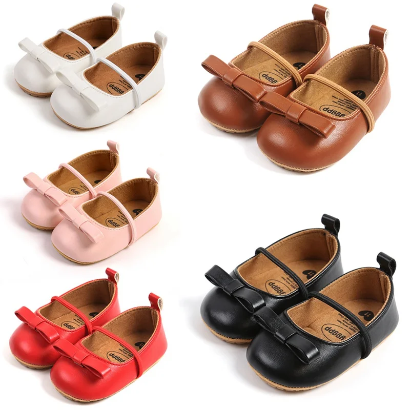 Kid Baby Shoes Newborn Girl Princess Toddler Leather Shoes Bowknot Rubber Sole Anti-Slip Wedding Birthday Party Shoes 0-18M