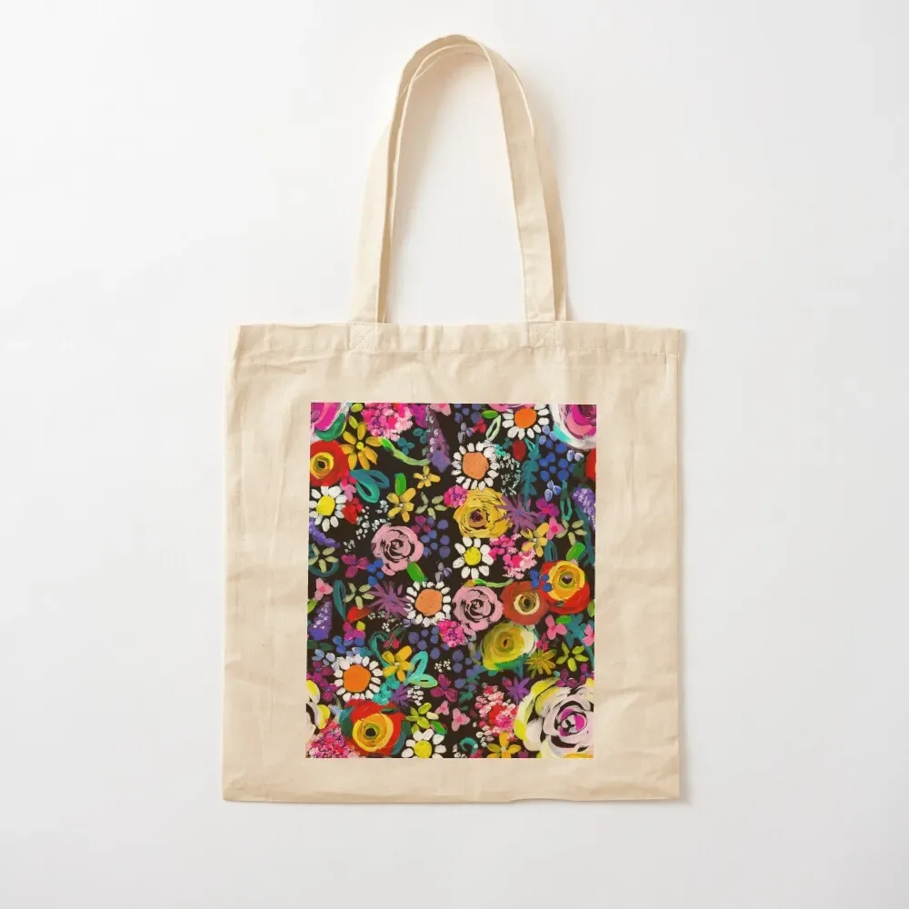 

Les Fleurs Vibrant Floral Painting Print Tote Bag Portable shopping bag Women's beach bags tote bag screen
