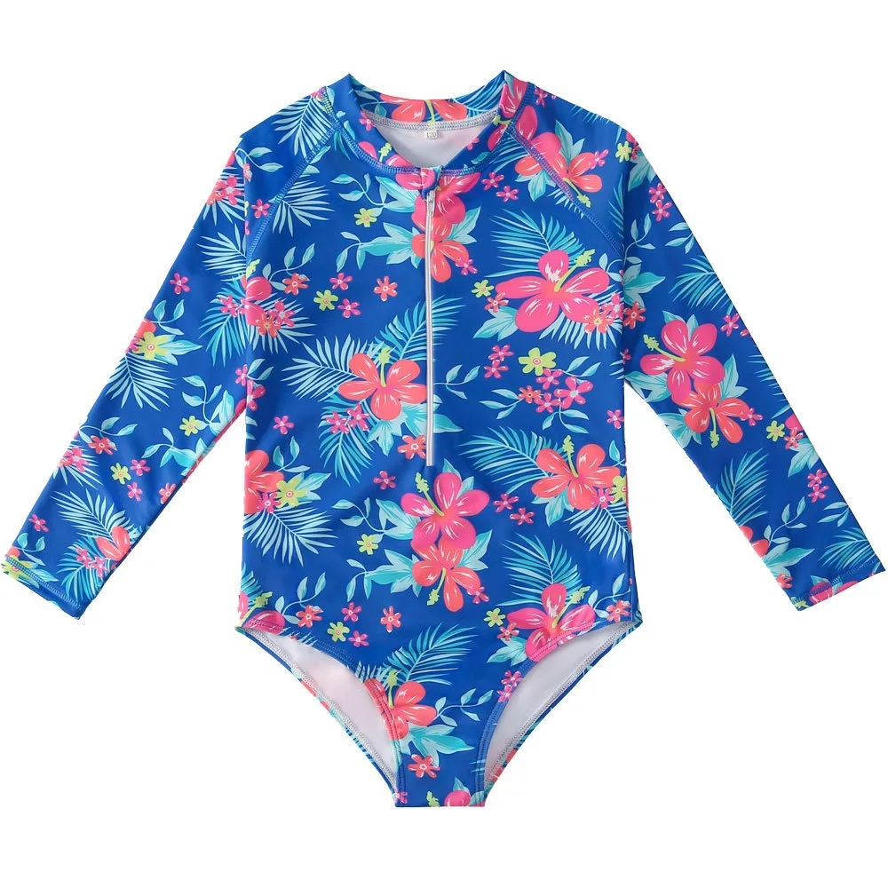 Girls One-piece Swimsuit Cartoon Floral Print Sun-protective Long Sleeve Zipper Quick-Dry Triangle Swimwear Baby Bathing Suit