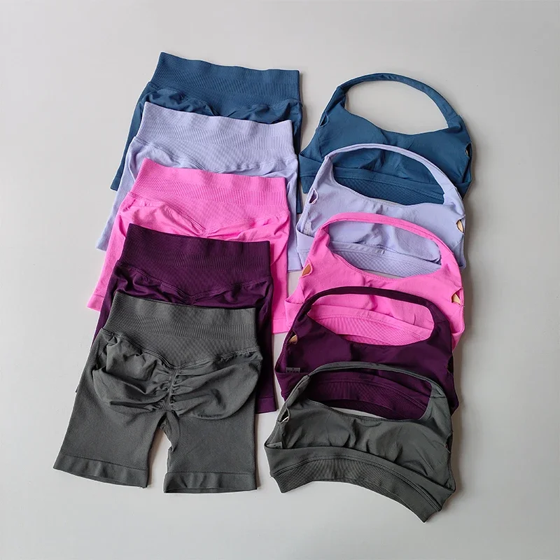 2-teiliges Set: Sexy Neckholder-Sport-BH in Pfirsichfarbe und High-Waist-Shorts für Damen, geeignet für Pilates, Yoga, Training, Fitness, mit schönem Rückenausschnitt und formgebendem Effekt. – Detail 2