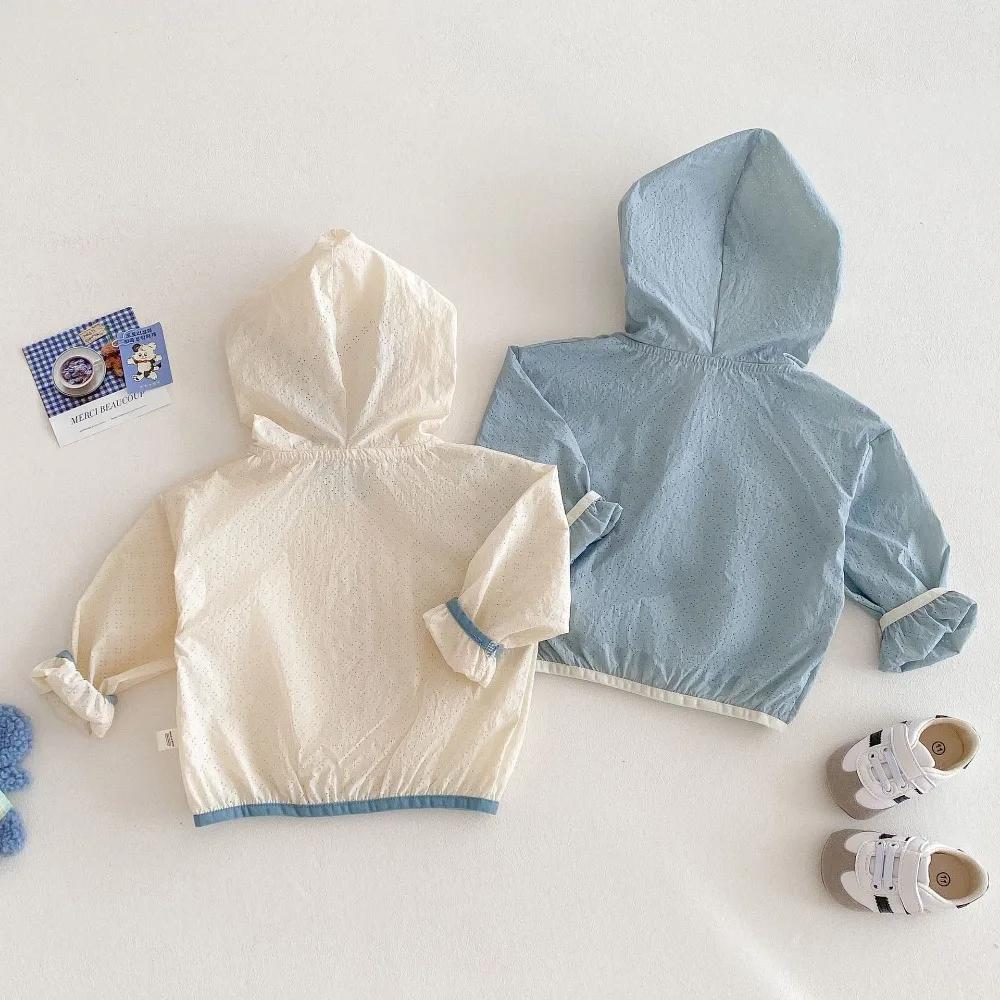 Boy Girl Solid Color Long Sleeve Zipper Hooded Sunscreen Shirt Thin Coat Outfits Clothes 2025 Summer Jacket 0-5Years Children