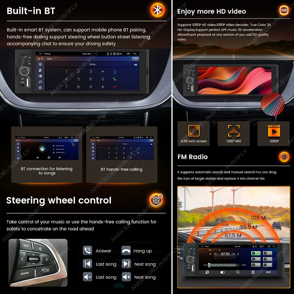 For Hyundai Lada Toyota Nissan Ford Universal 1 Din Car Radio HD Touch Screen Single knob CarPlay Stereo Mp5 Player FM Receiver