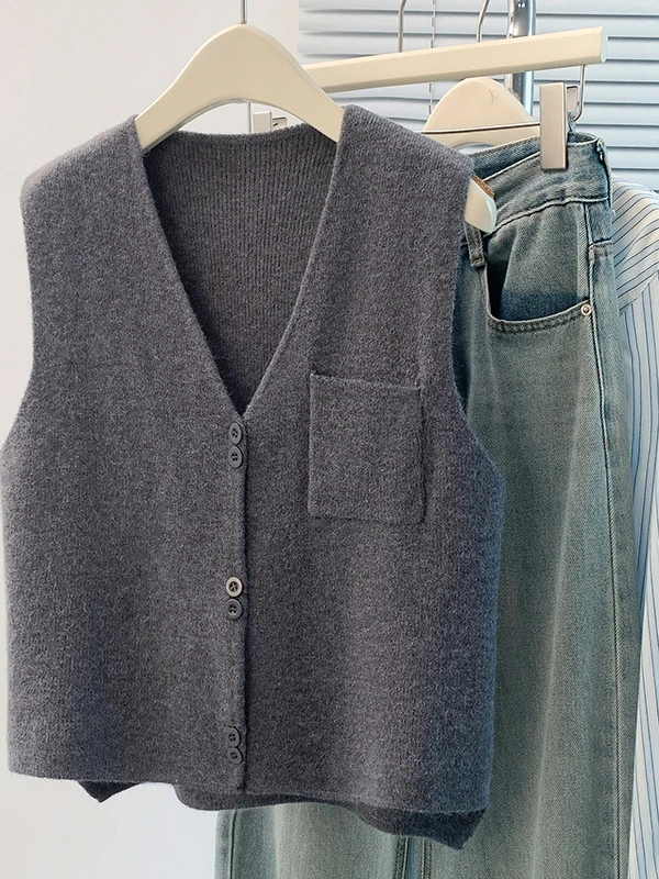 

Модный шерстяной вязаный жилет, женская верхняя одежда, кардиган с v-образным вырезом, весна 2026, вязаный многослойный топ