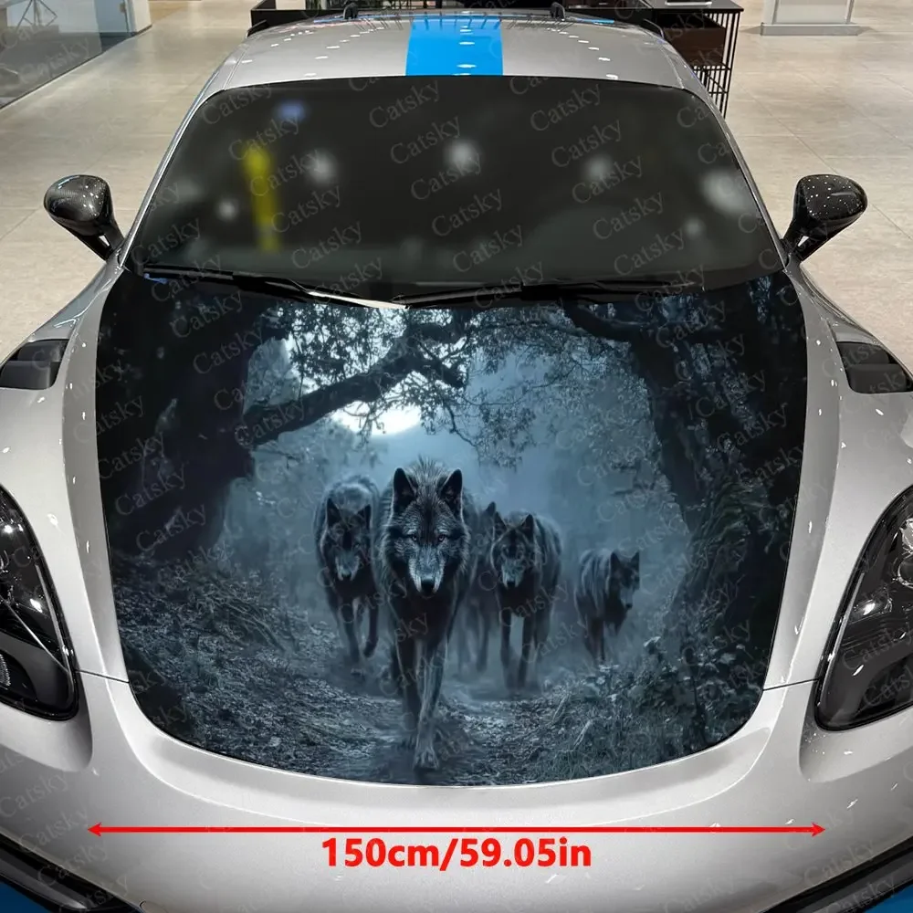 A pack of wolves in the deep forest at night  Car Hood Sticker - Gothic Floral Skull Design, Durable PVC Vinyl Material, Enhance