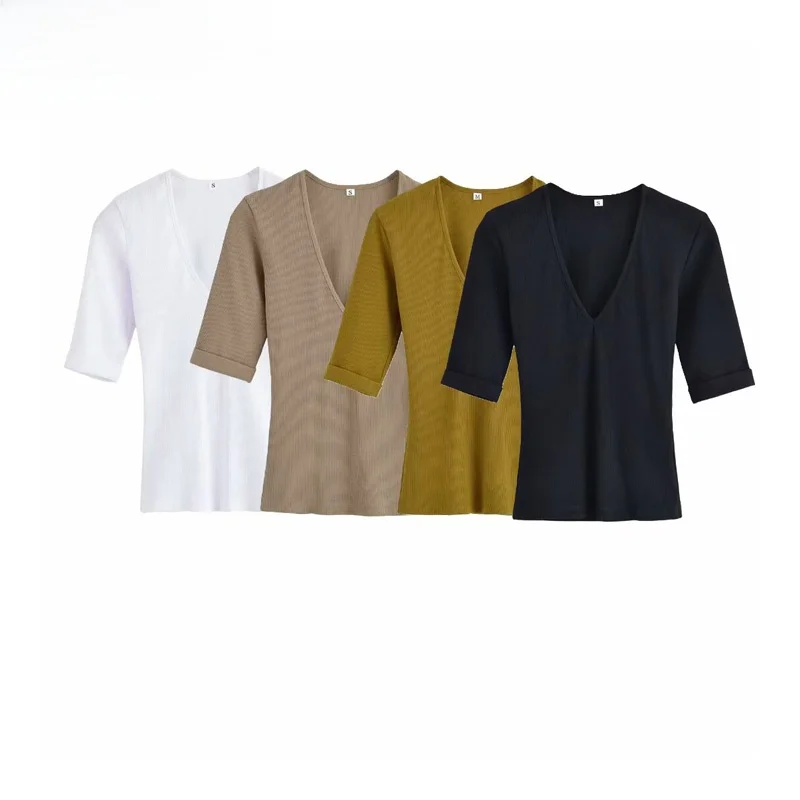 

ZBZR Spring New Women's Faion V-ne ort-sve Comfortable Multi-color Simple T-irt Commute Sle Polyester Fiber