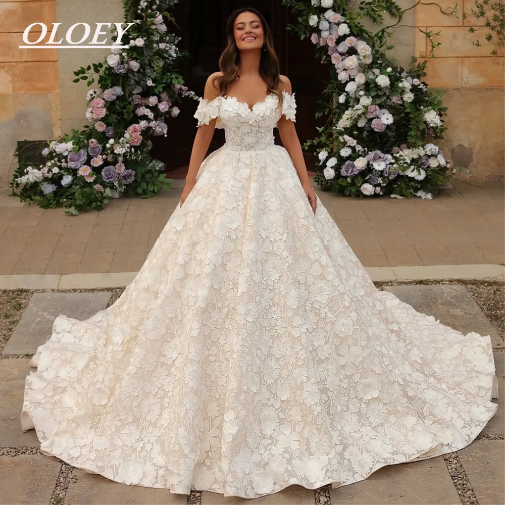 OLOEY Luxury Lace A-line Wedding Dresses Sweetheart Neck Off Shoulder 3D Flower Bridal Gown Customized Vestidos De Novia