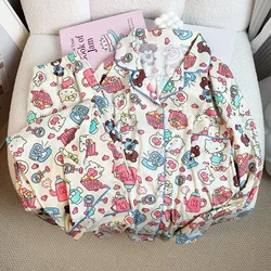 Sanrio Hello Kitty cartoon cute lapel long-sleeved pajamas comfortable women's trousers loungewear suit can be worn outside