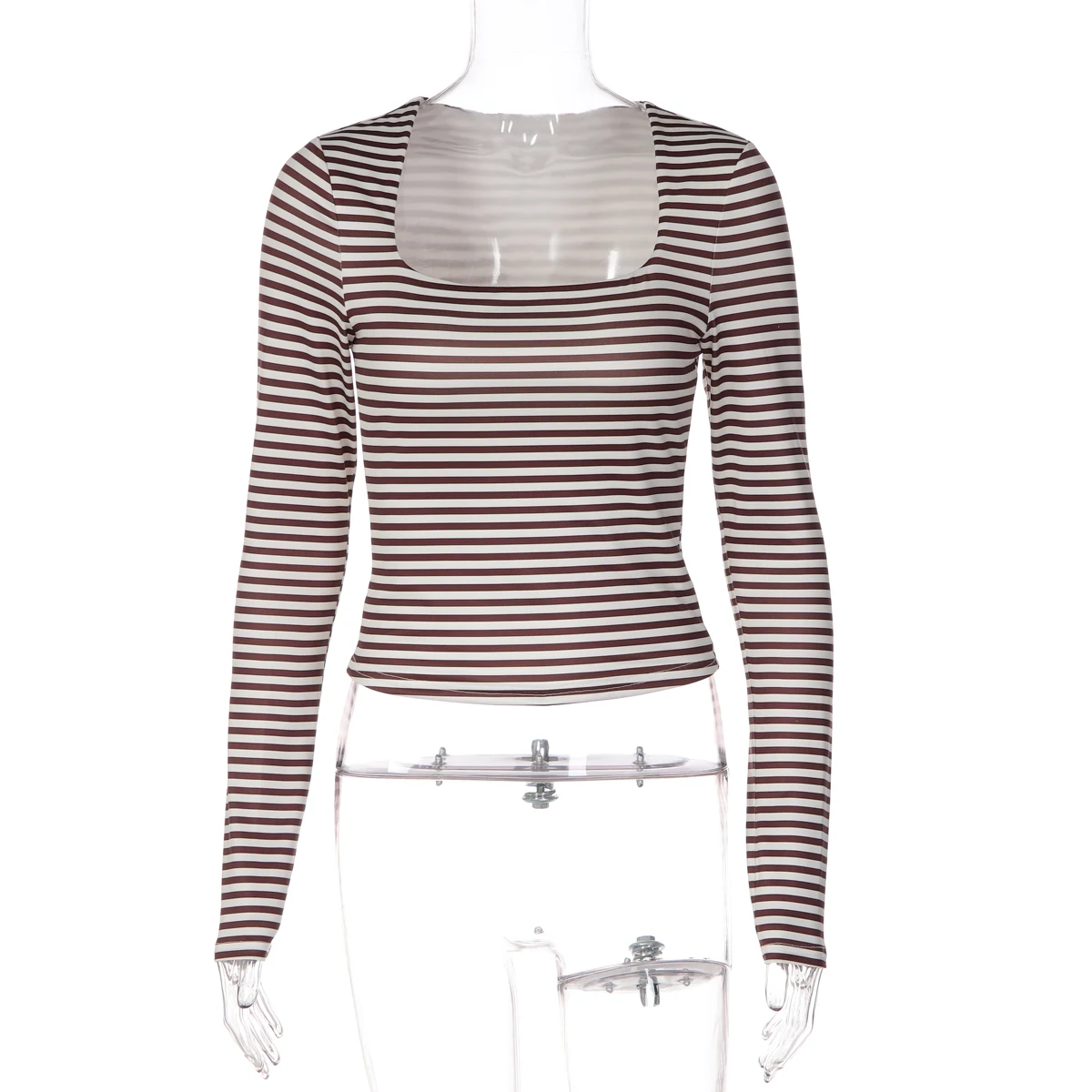 Hugcitar Gestreiftes Crop-Top mit Quadratischem Kragen und Langen Ärmeln, Sexy Damen-Mode-Outfit für Herbst, Streetwear, Party-T-Shirts, Großhandel – Detail 2