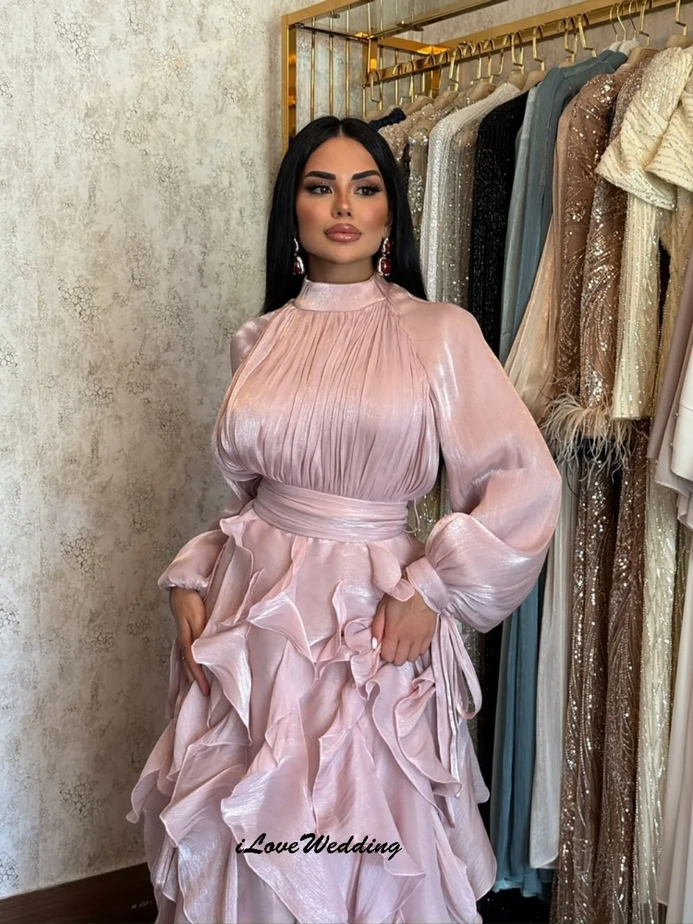 فستان حفلة موسيقية مخصص برقبة عالية 2025 بأكمام طويلة أنيق لحفلات الزفاف على شكل حرف a الكشكشة مطوي فساتين رسمية طول الأرض #5