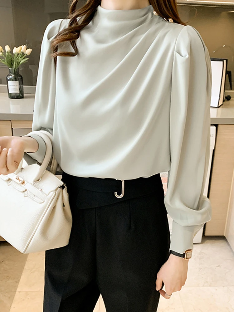 Spring Autumn Elegant Office Women Shirt Mujer Chic Satin Formal Lantern Sleeve Blouse Tops Loose Pullover Jumper Street Clothes