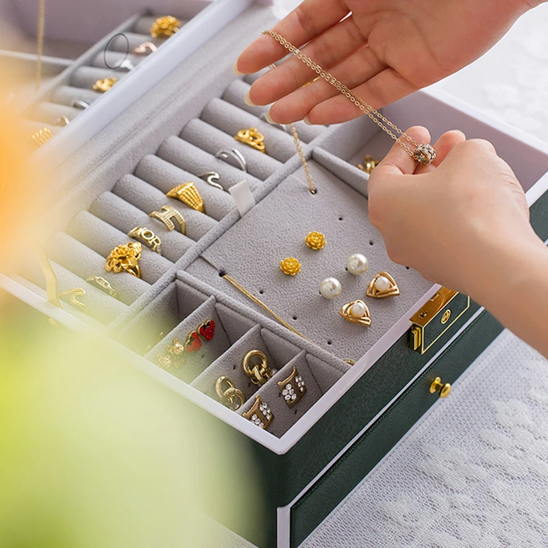 Square PU Leather Jewelry Box With Mirror LED Light Portable Large Capacity Drawer Organizer Travel Gifts for Women