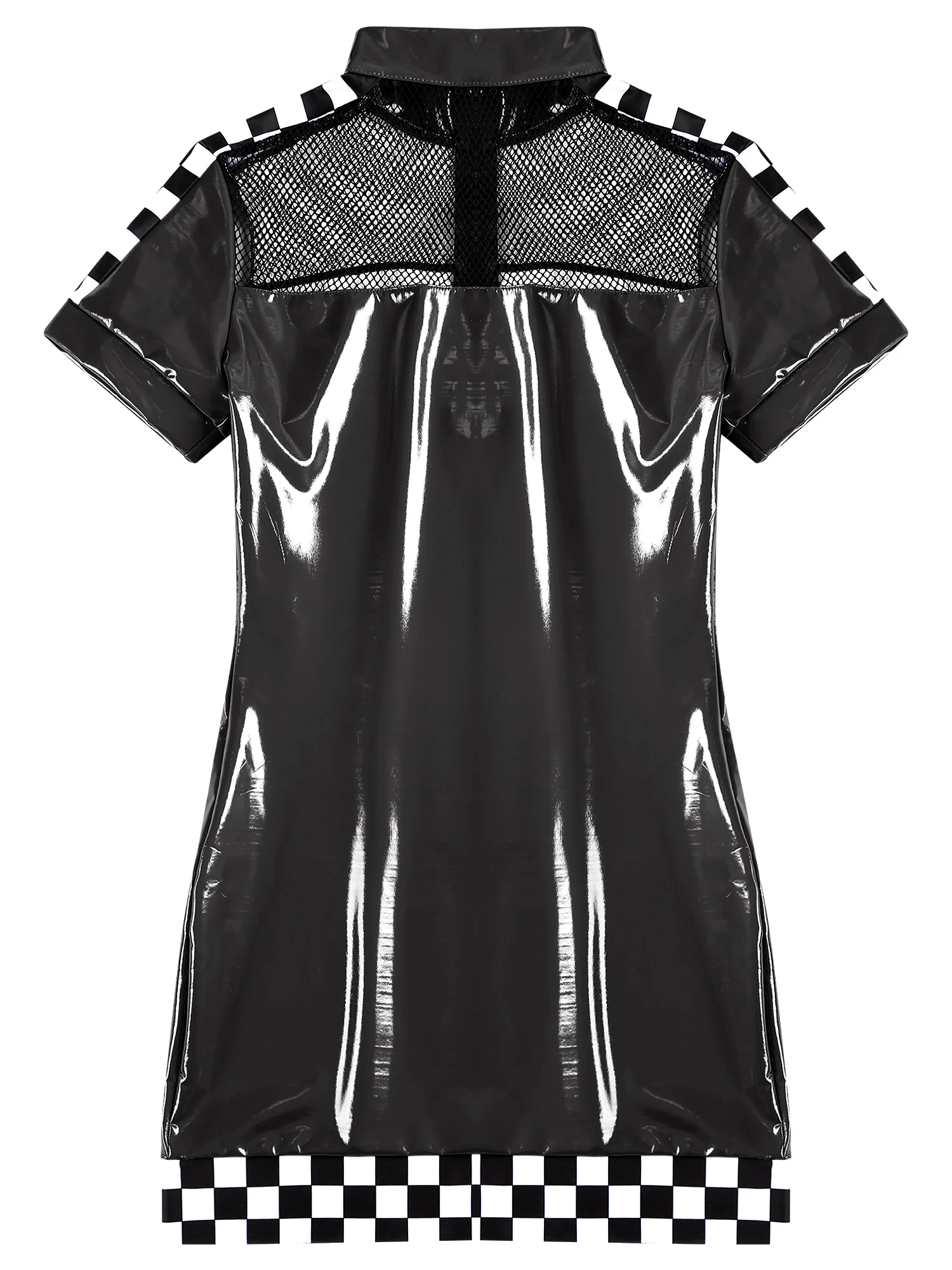 Damen sexy Racer Fahrer Mini kleid Wet Look Leder Bodycon Kleid Schachbrett Kurzarm durchsichtig Mesh Kleid Clubwear