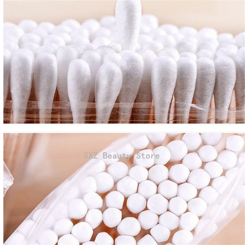 100/1000 قطعة مسحات قطنية غير معطرة، برأسين، عصا خشبية، إزالة المكياج وتنظيف مسحات قطنية للأذن