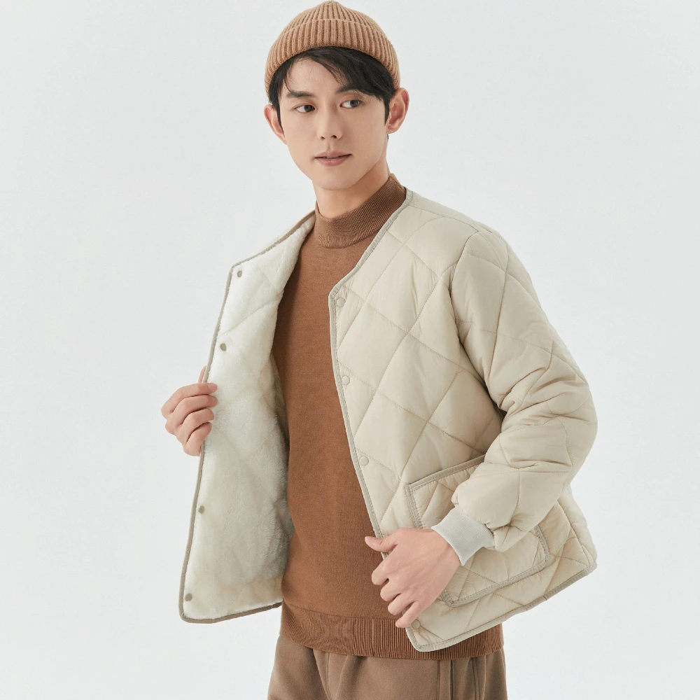 Men's Winter Fleece-lined Cotton-padded Jacket Round Neck Button Windproof Thickened Coats Solid Color Loose Warm Jackets