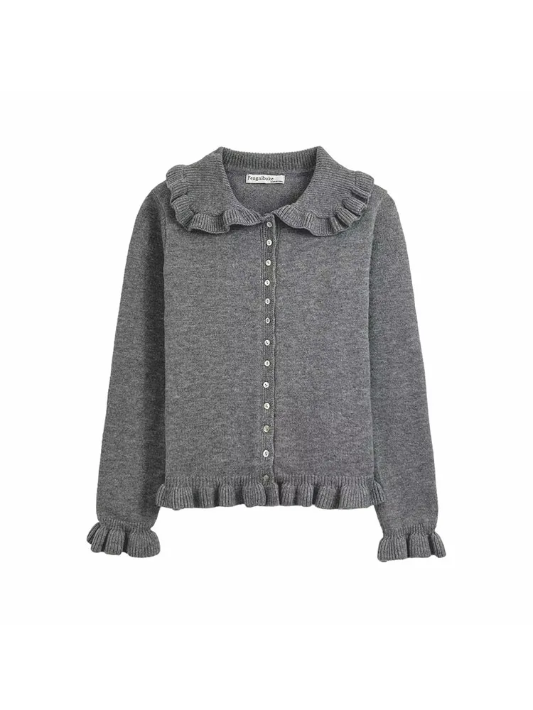 

Women 2025 Autumn Elegant Gray Cardigan Sweater Lapel Knitted O-Neck Buttons Cardigan Fashion Simple Cute Cardigan