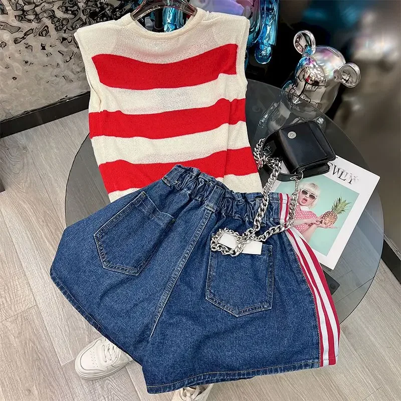 Korean Fashion Casual Shorts Sets for Women 2023 Summer Two Piece Sets Sleeveless Rainbow Top + Denim Shorts Women Y2k Clothes