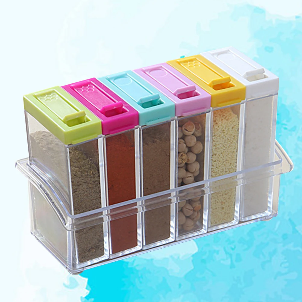 

6pcs Seasoning Box Set Clear Jars Colored Caps Kitchen ganizer Condiment Containers Gadgets Supplies Non Toxic PP Material