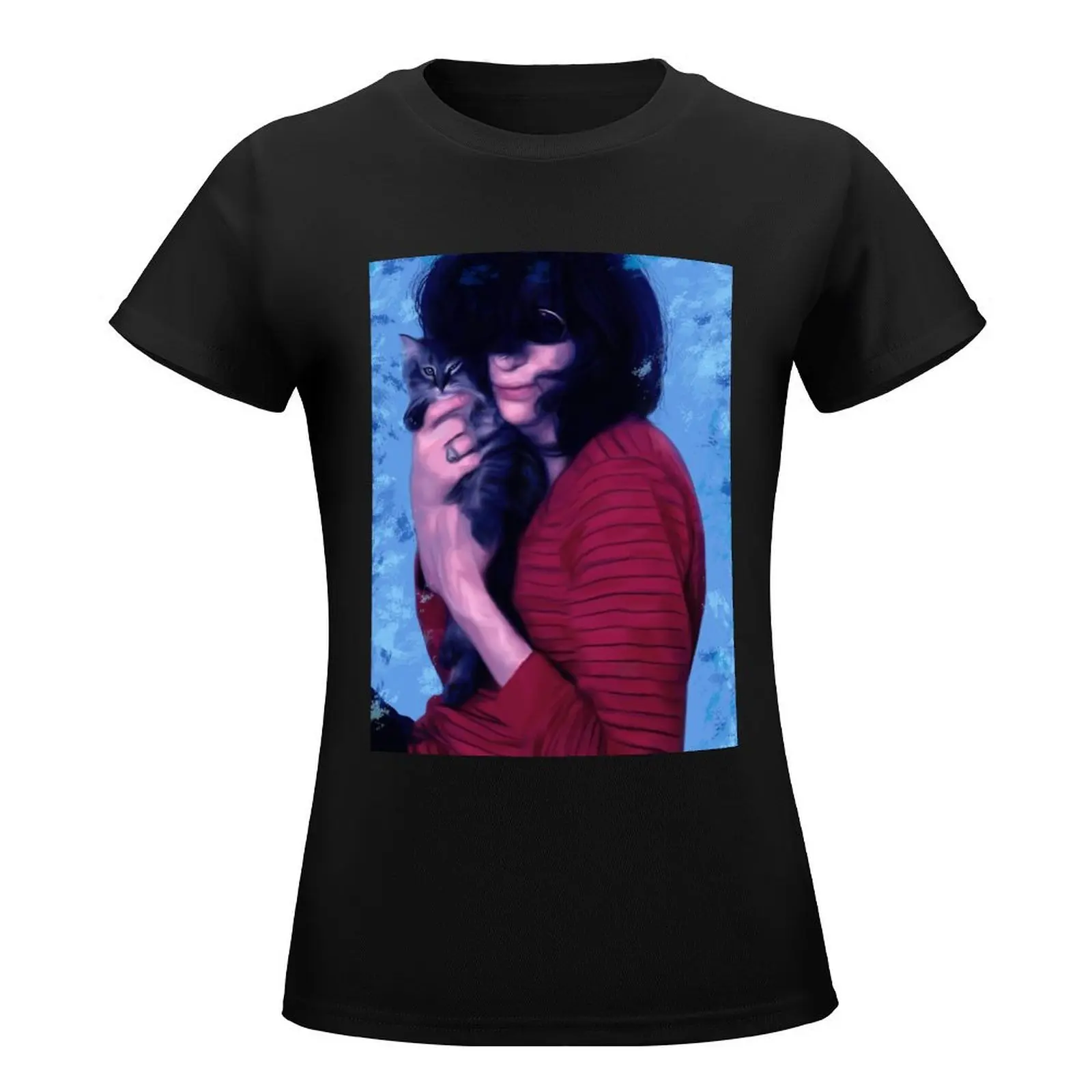 Joey Ramone and cat T-Shirt Blouse hippie clothes anime clothes Women's summer blouses 2024