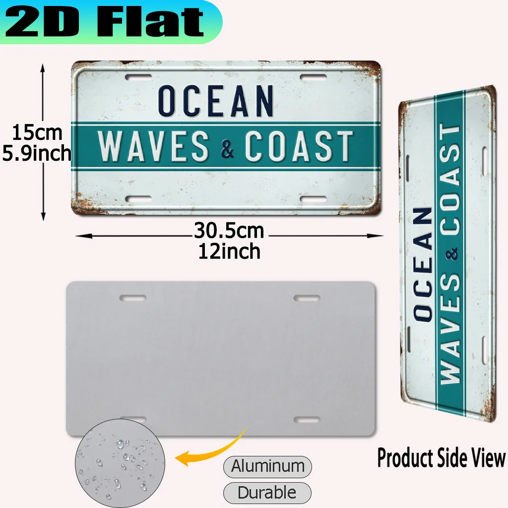 2D Flat - 【2D Flat】 2D Flat - [2D Flat] 1pc 2D Flat Ocean Waves & Coast Retro Aluminum Sign | 30.48x15.24 cm, Nature Theme Style