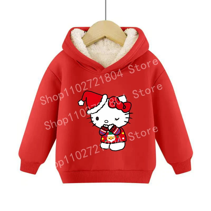 Christmas Child Hoodie Hello Kitty Cartoon Anime Cat Plush Winter Warm Sweatshirt Boys and Girls Xmas Decorative Top clothing