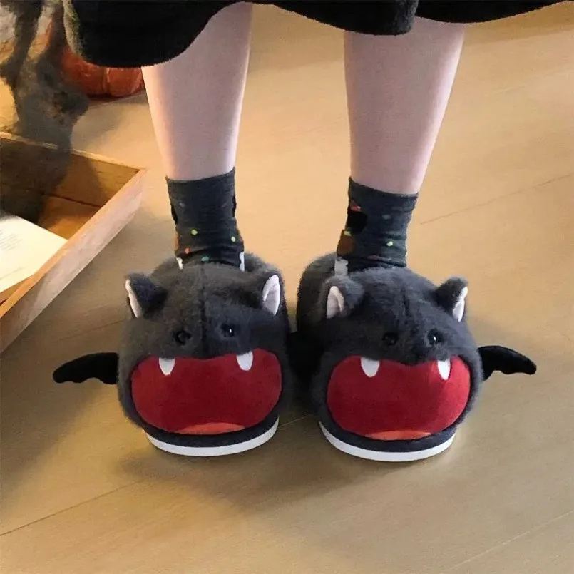 Bat Fuzzy Slipper Men House Fluffy Winter Warm Fur Plush Indoor Thermal Furry Home Shoe Flat Slide Cute Halloween Cozy Women