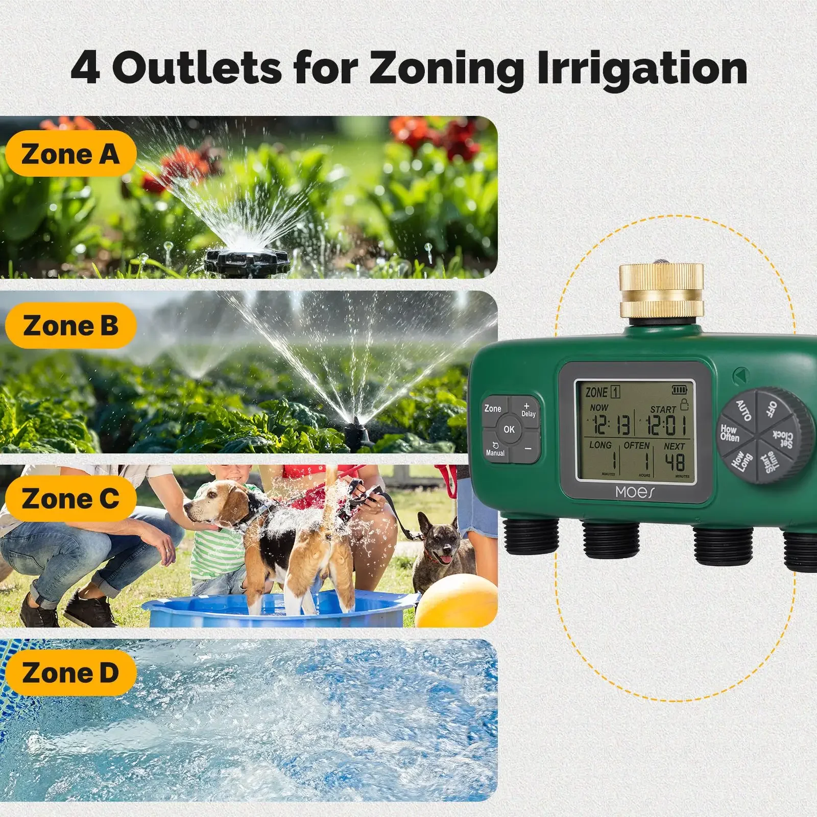 MOES Temporizador de água digital de 4 saídas, botão de entrada de latão, irrigação automática, tela LCD, IPX5, ferramentas de jardim, sprinklers