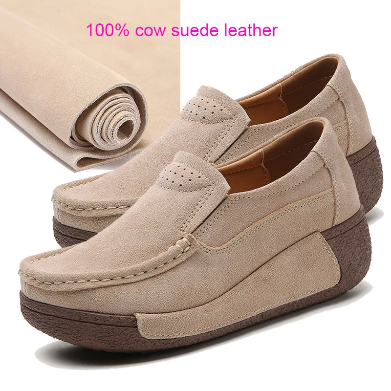 EAGSITY Cow suede sneaker for women shoes wedges thick outsole platform round toe slip on loafer shoes soft comfortable