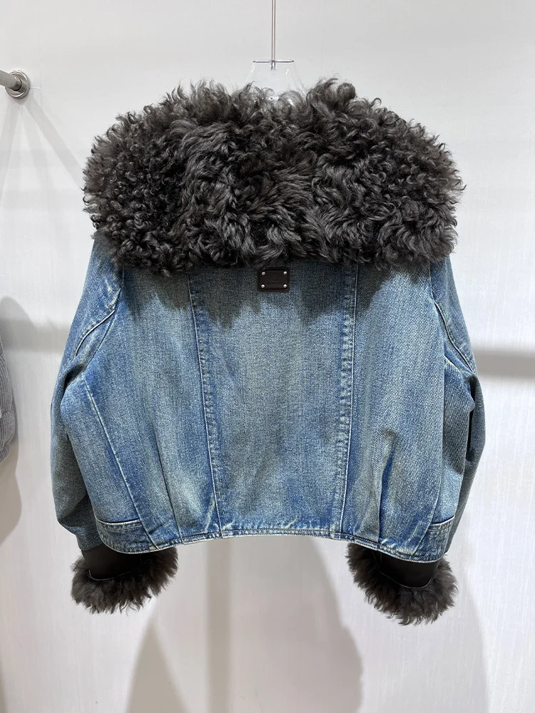 秋冬新作 レディース ホワイトグースダウンコート 天然本革ラムシープファー襟 アウター 高級女性用デニム パフジャケット