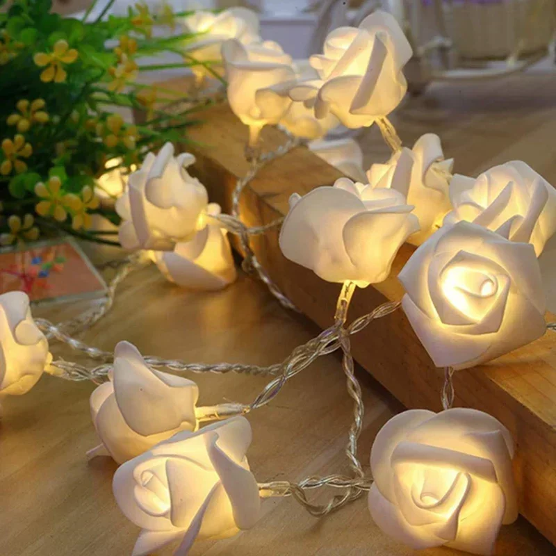 Stringa di luci con fiori di rosa bianca, a batteria, San Valentino, Matrimonio, Festa in casa, Decorazioni di compleanno, 10 LED, 20 LED