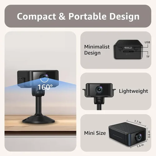 Imagen 2 del producto Mini cámara de seguridad 4K, visión nocturna, duración de la batería 4H, alertas de detección de movimiento, almacenamiento SD/Cloud, Control por aplicación de teléfono, cámara para bebé para interior