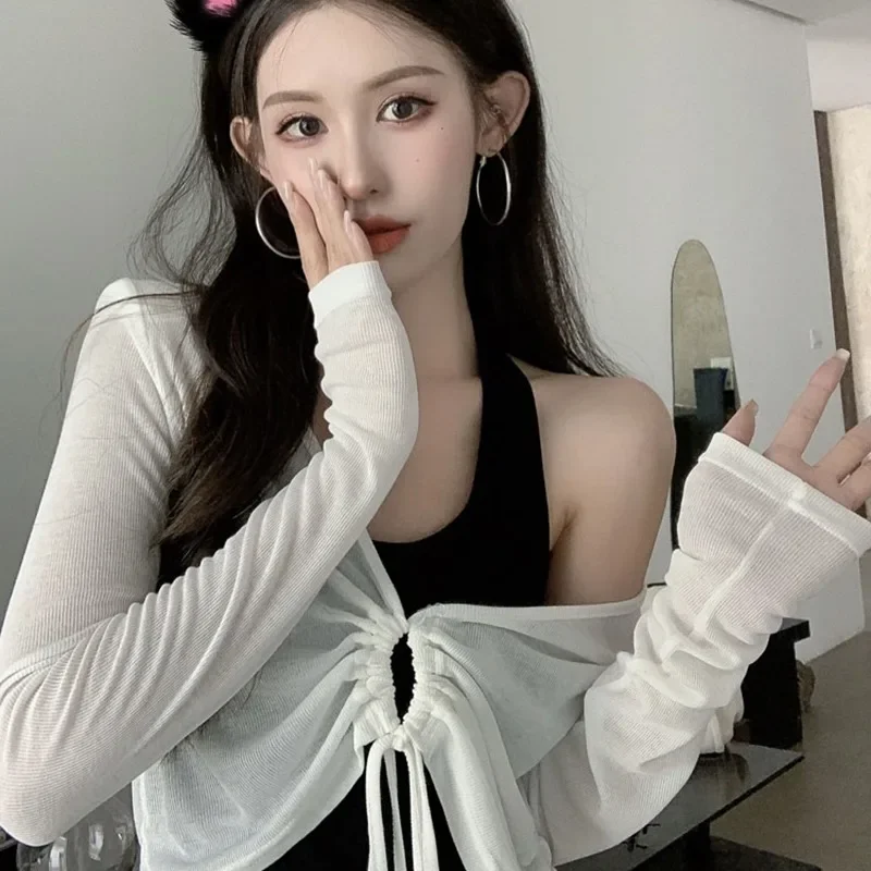 Knitted Sunscreen Hoodie Women's Summer Design Silk Long Sleeve T-shirts Drawstring Irregular Tops