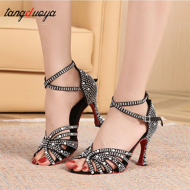 

Women Latin Dance Shoes Rhinestones Soft Bottom Salsa Shoes For Dancing Ladies Sandals Women's Wedding Party Hight Heels