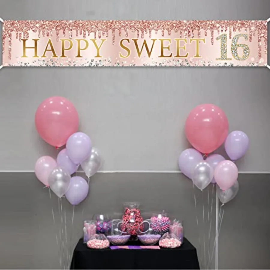 Sweet 16th Birthday Banner Dec - Party Banner Gold reseña y precio