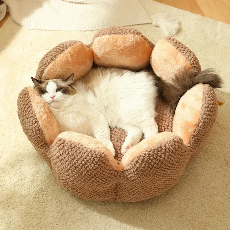 Cat Bed Petal-shaped Dog Beds Kennel Winter Warm Kitten House Soft Plush Round Basket Fluffy Puppy Cushion Mat Pet Suppiles