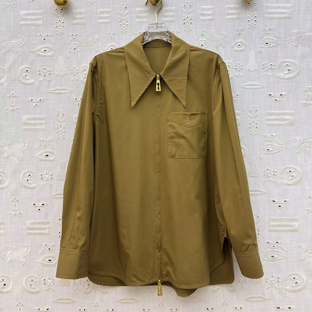 

French Elegant Office Lady Cotton Shirt Women Vintage Gold Button Front Pocket Lapel Long Sleeve Zipper Loose Casual Blouse