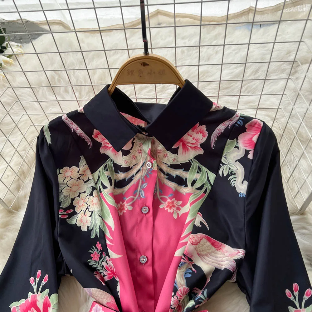 2025 Contrastสีดอกไม้พิมพ์ชุดMaxiยาวผู้หญิงเสื้อเดี่ยวBreasted BANDAGE Sashes VINTAGEวันหยุดVestidos